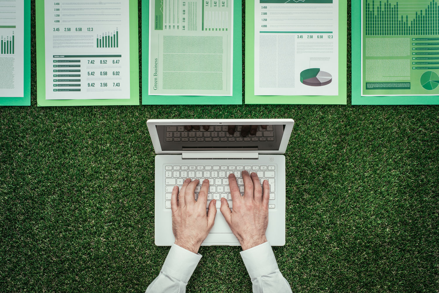 Businessman,Using,A,Laptop,And,Financial,Reports,On,Lush,Grass: